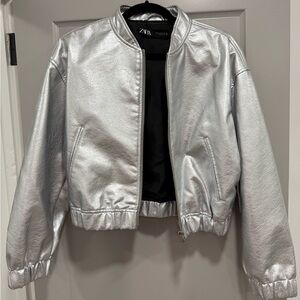 Zara Metallic Silver Bomber Jacket